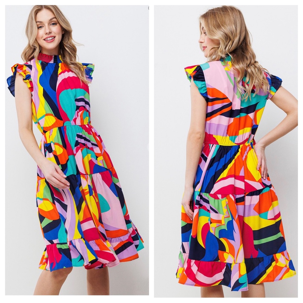 03 Chic Multi Color Ruffled Sleeve Tiered Midi  Dress